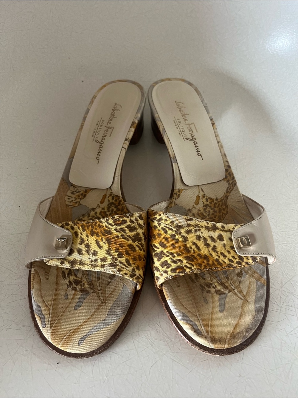 Salvatore Ferragamo Leather/Canvas Heeled Sandals Animal Print Size 9